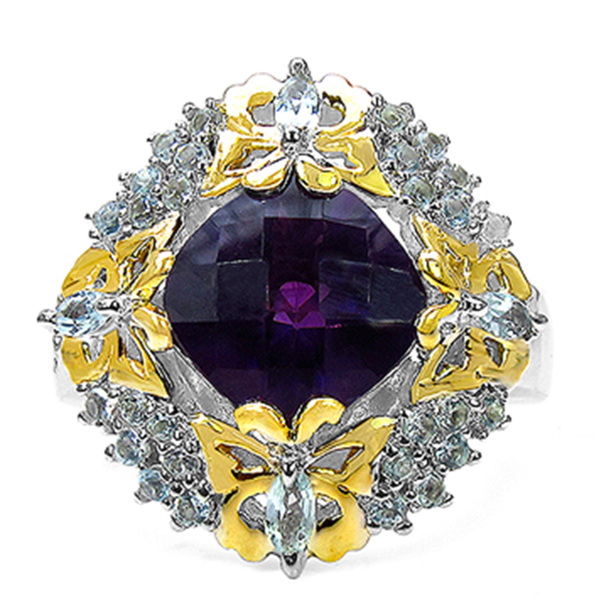 Amethyst Butterfly Ring With Blue Topaz and Diamonds 3.85 Carats Sterling Silver