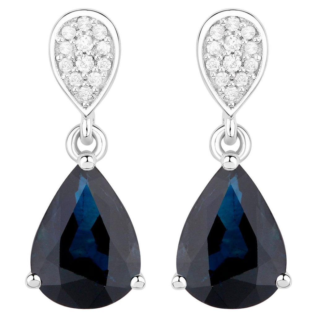 Blue Sapphire Teardrop Earrings Diamonds 2.7 Carats 14K White Gold