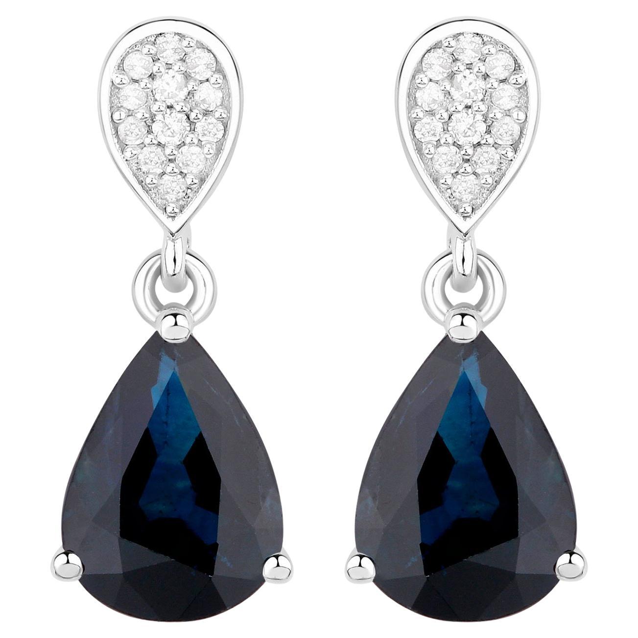 Blue Sapphire Teardrop Earrings Diamonds 2.7 Carats 14K White Gold