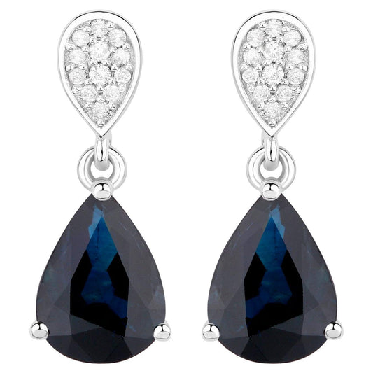 Blue Sapphire Teardrop Earrings Diamonds 2.7 Carats 14K White Gold