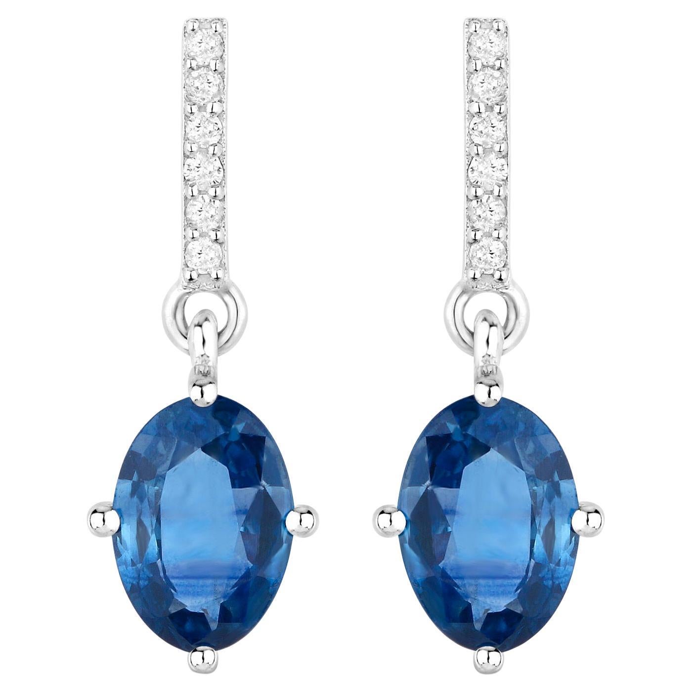 Natural Blue Sapphire Earrings With Diamonds 1.92 Carats 14K White Gold