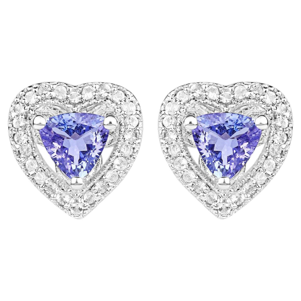 Tanzanite Heart Stud Earrings With White Topaz 1.14 Carats Sterling Silver