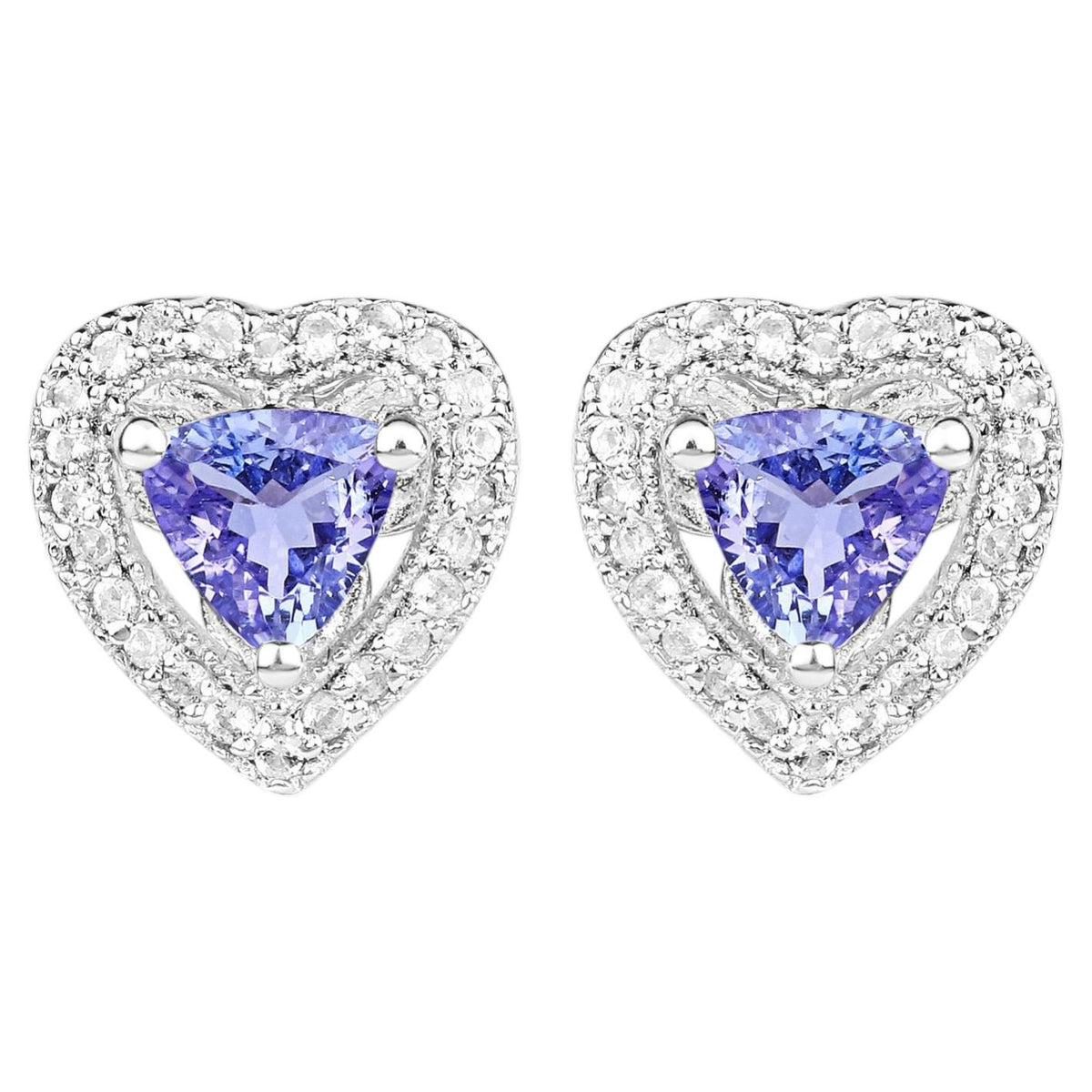 Tanzanite Heart Stud Earrings With White Topaz 1.14 Carats Sterling Silver