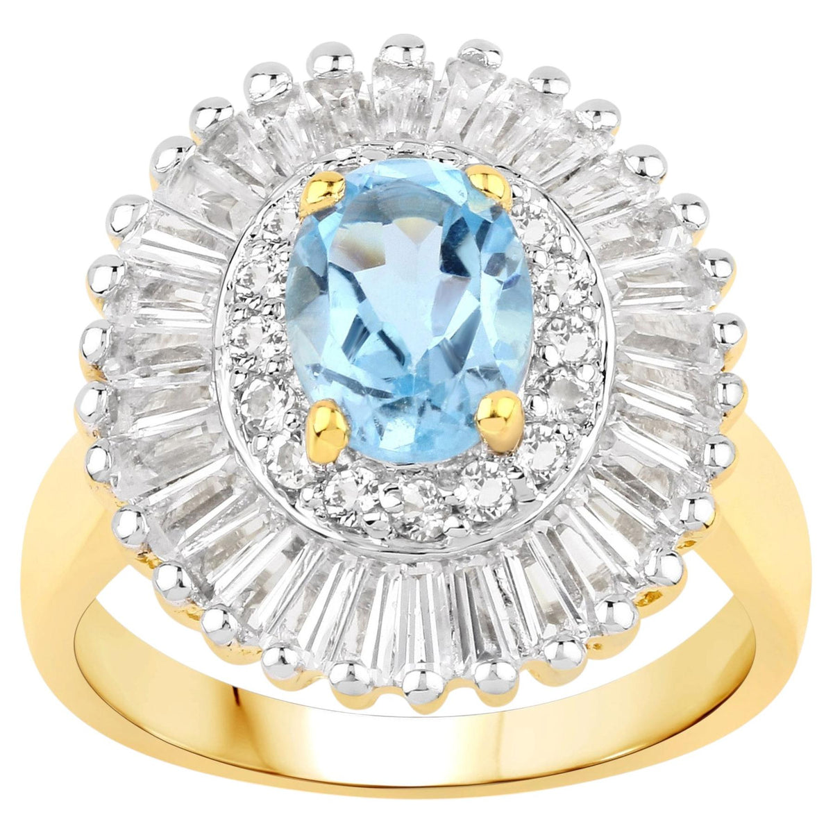 Blue Topaz Ring With White Topaz 3.7 Carats Gold Plated Silver