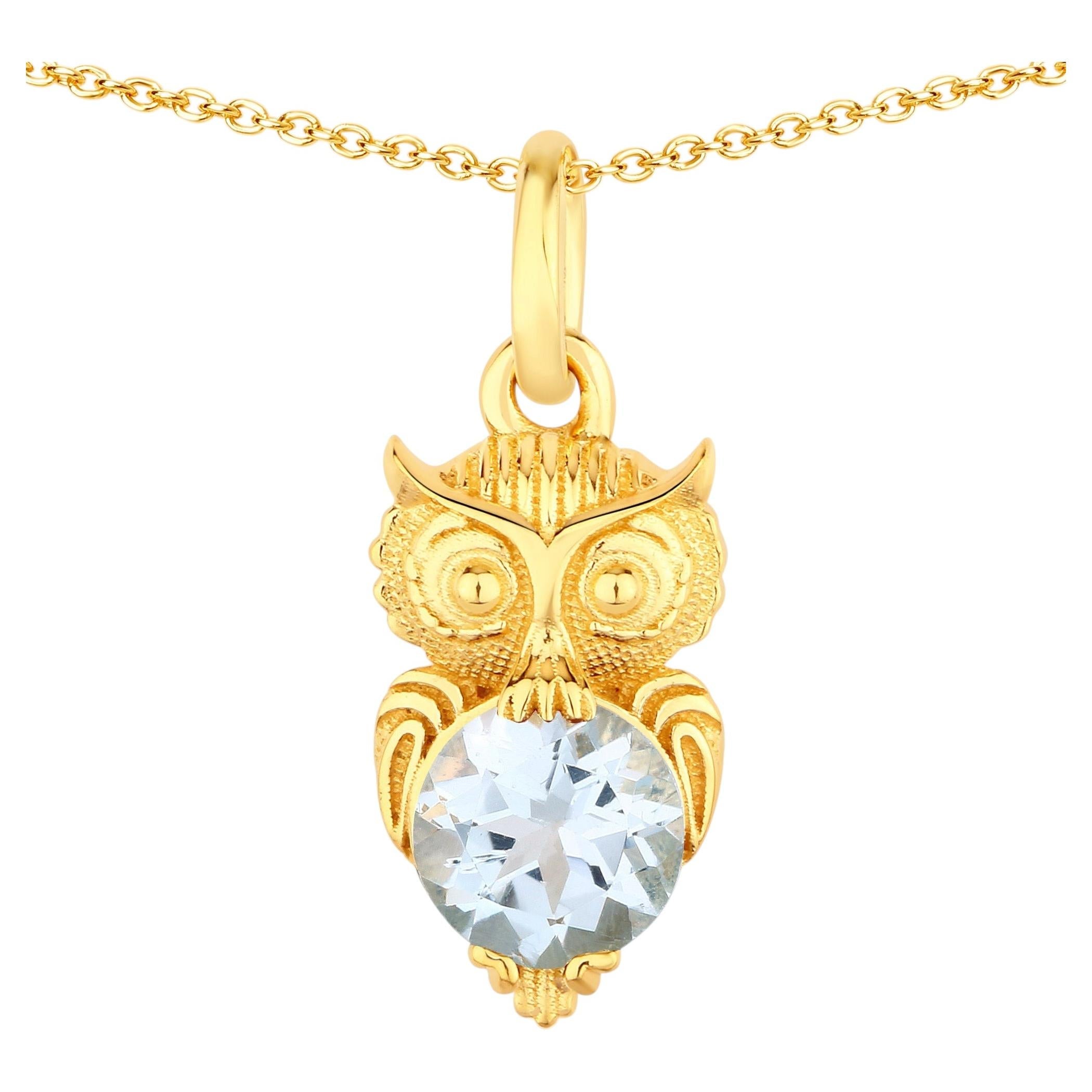 Blue Topaz Owl Pendant 1.04 Carats Gold Plated Silver