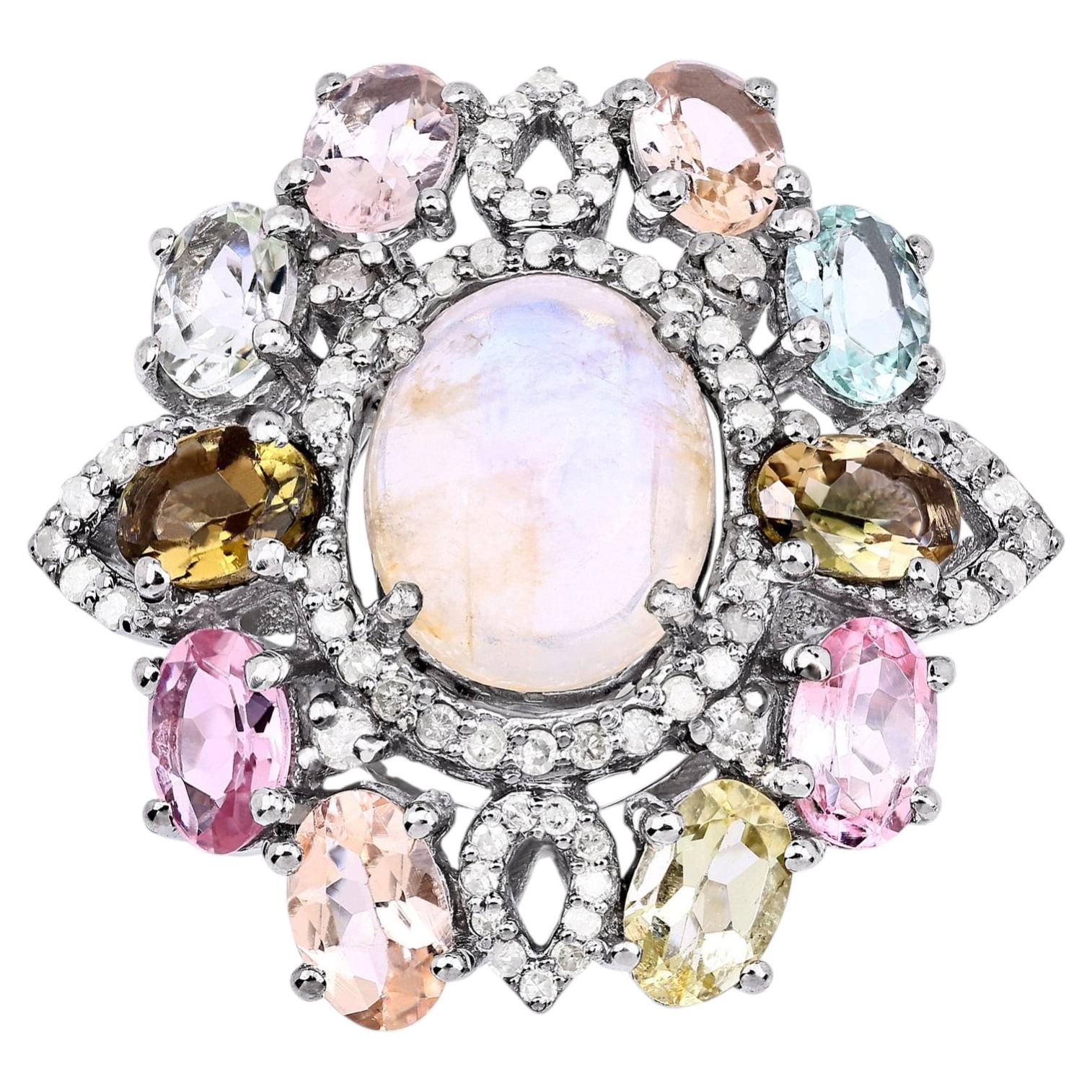 Moonstone Ring With Multicolor Tourmaline 6.72 Carats Sterling Silver