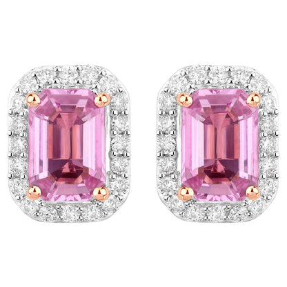 Natural Pink Sapphire & Diamond Halo Earrings Total 1.50 Carats 14K Rose Gold
