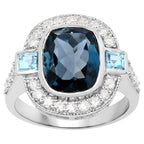 London Blue Topaz Ring With Diamonds 5.2 Carats Sterling Silver
