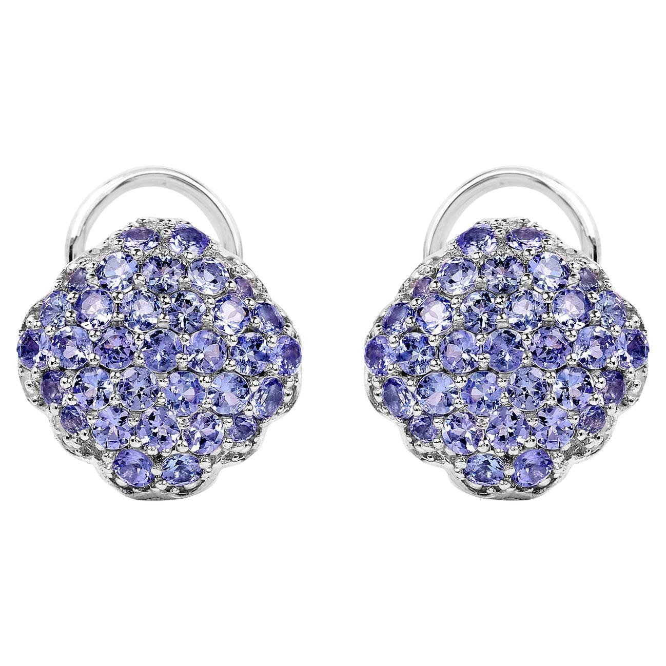 Tanzanite Cluster Stud Earrings 3.12 Carats Sterling Silver