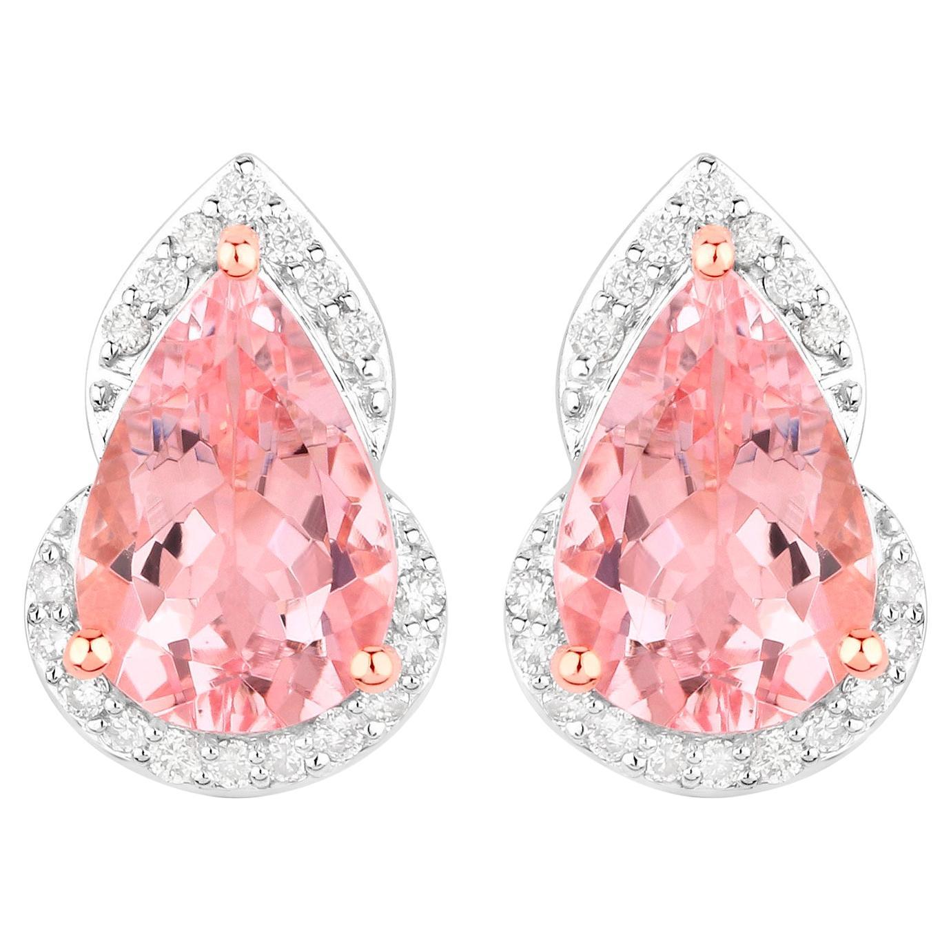 Morganite Stud Earrings Diamond Settings 2.35 Carats 14K Rose Gold