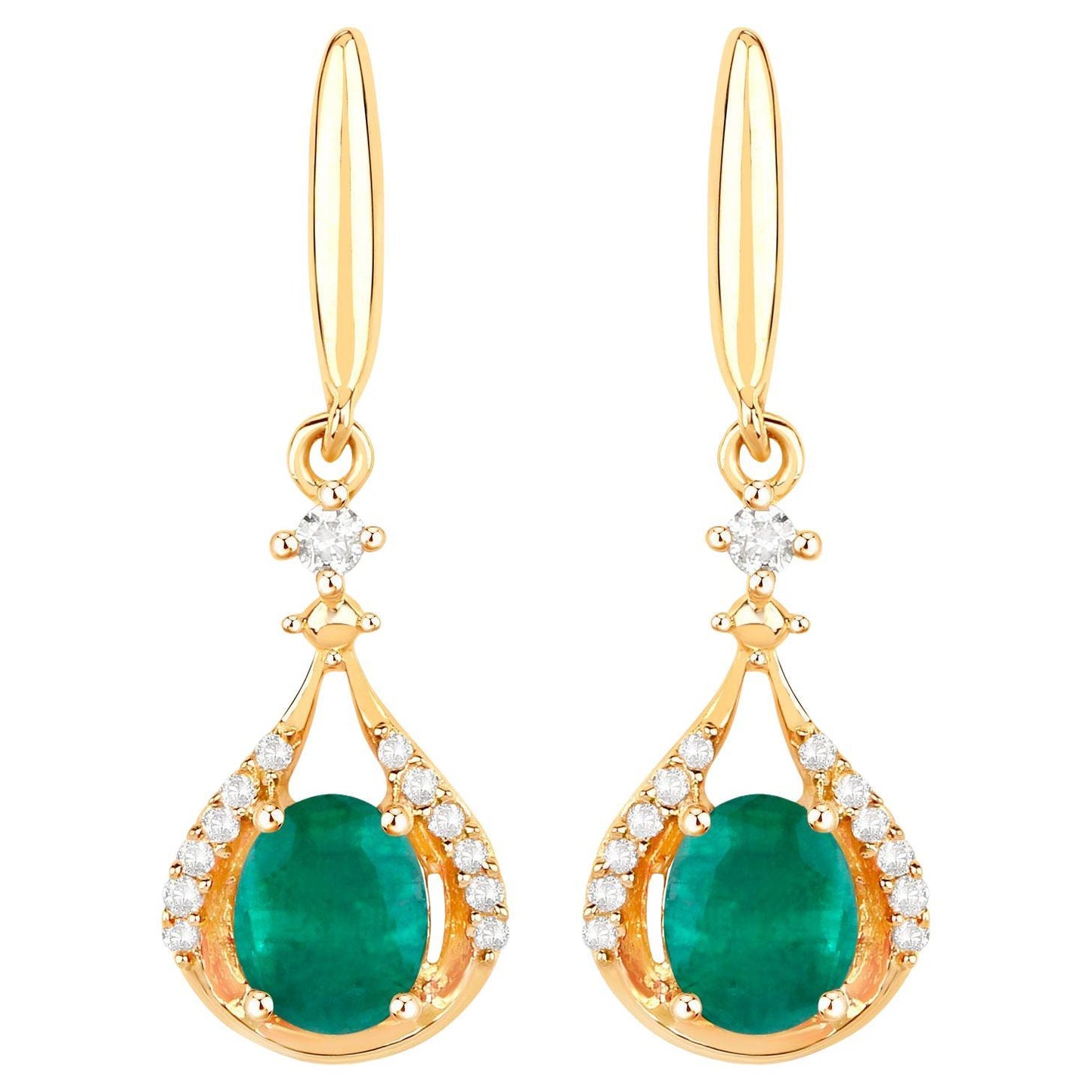 Zambian Emerald Dangle Earrings Diamonds 0.6 Carats 14K Yellow Gold