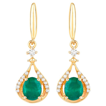 Zambian Emerald Dangle Earrings Diamonds 0.6 Carats 14K Yellow Gold