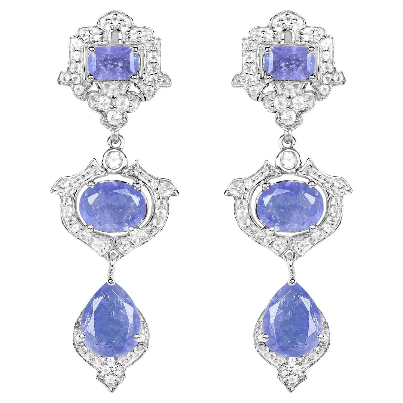 Tanzanite Dangle Earrings White Topaz 9.55 Carats Sterling Silver