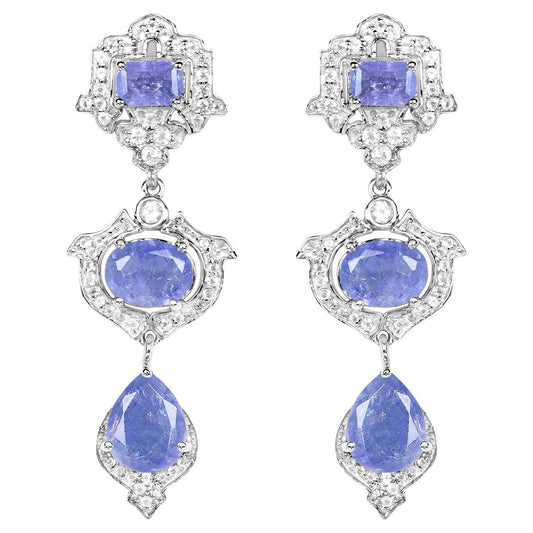 Tanzanite Dangle Earrings White Topaz 9.55 Carats Sterling Silver