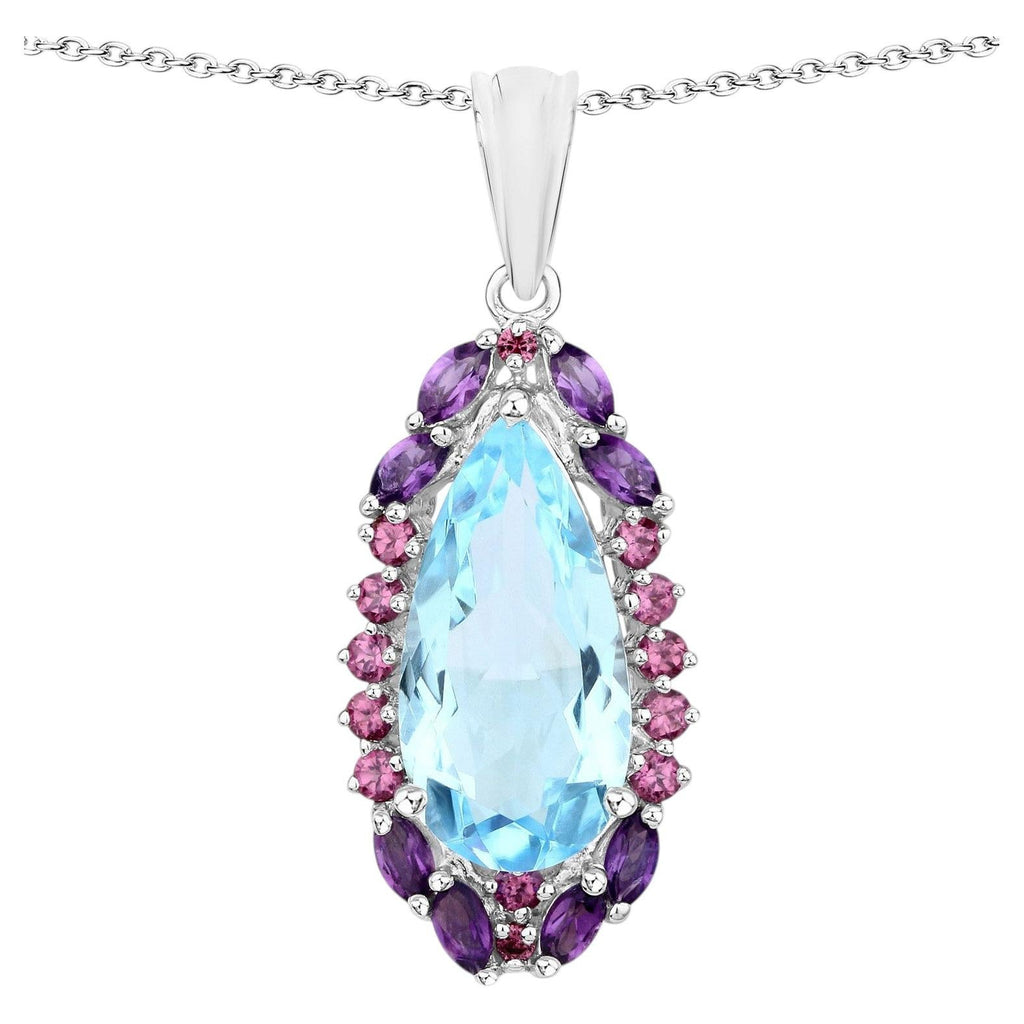 Blue Topaz Pendant With Rhodolite Garnet 7.7 Carats Sterling Silver