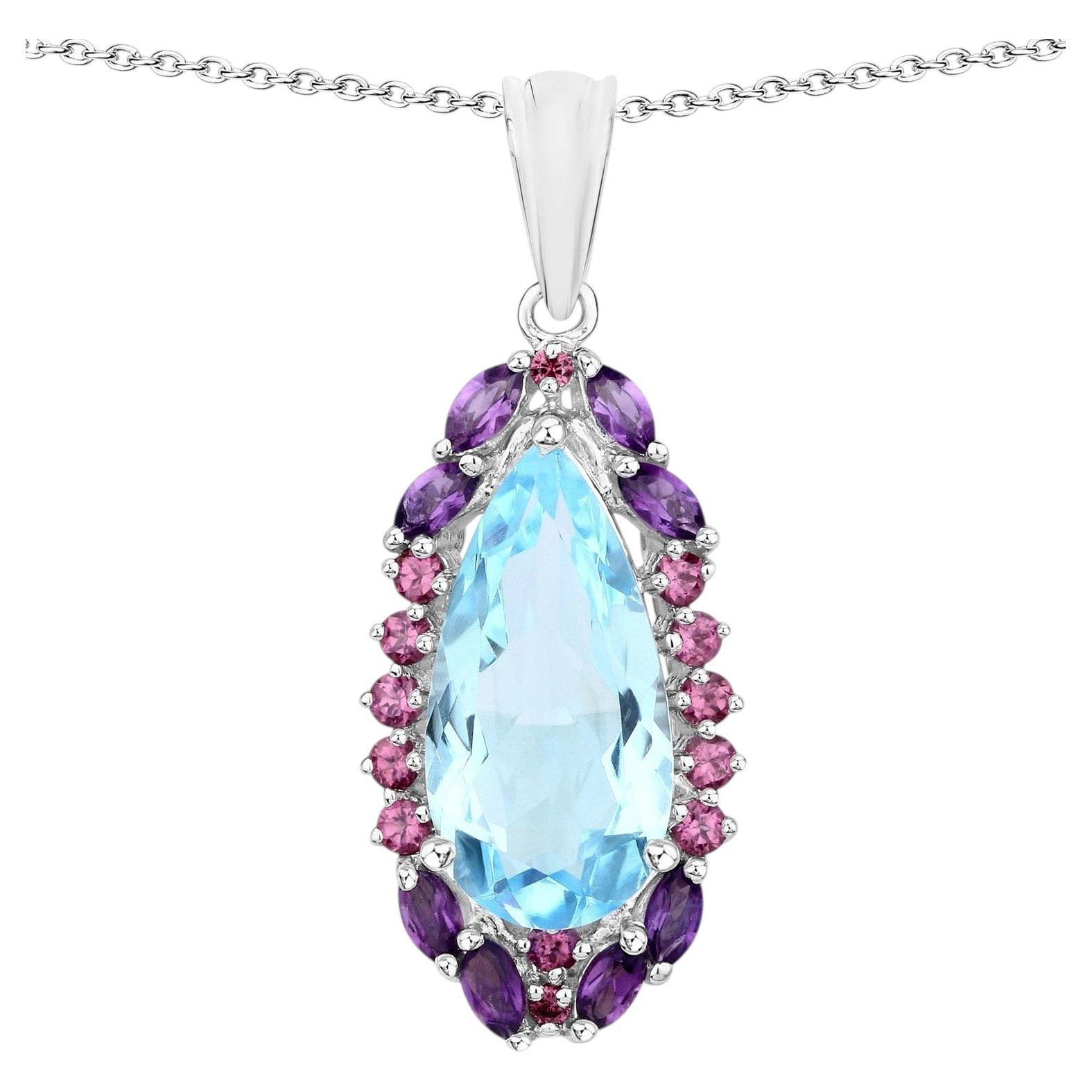 Blue Topaz Pendant With Rhodolite Garnet 7.7 Carats Sterling Silver