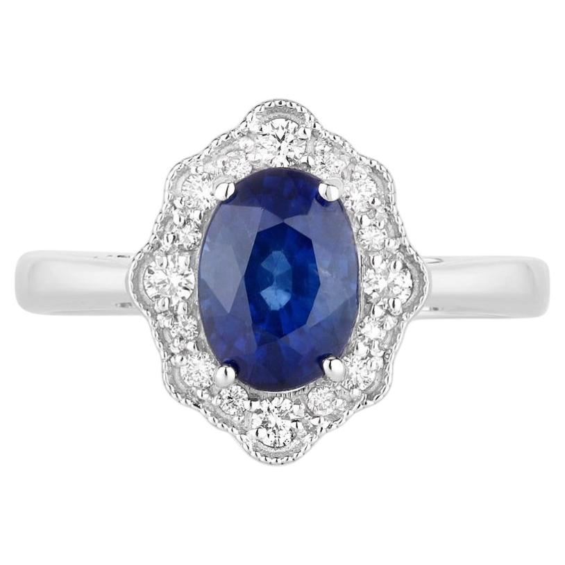 Blue Sapphire Ring With Diamonds 2.2 Carats 18K White Gold