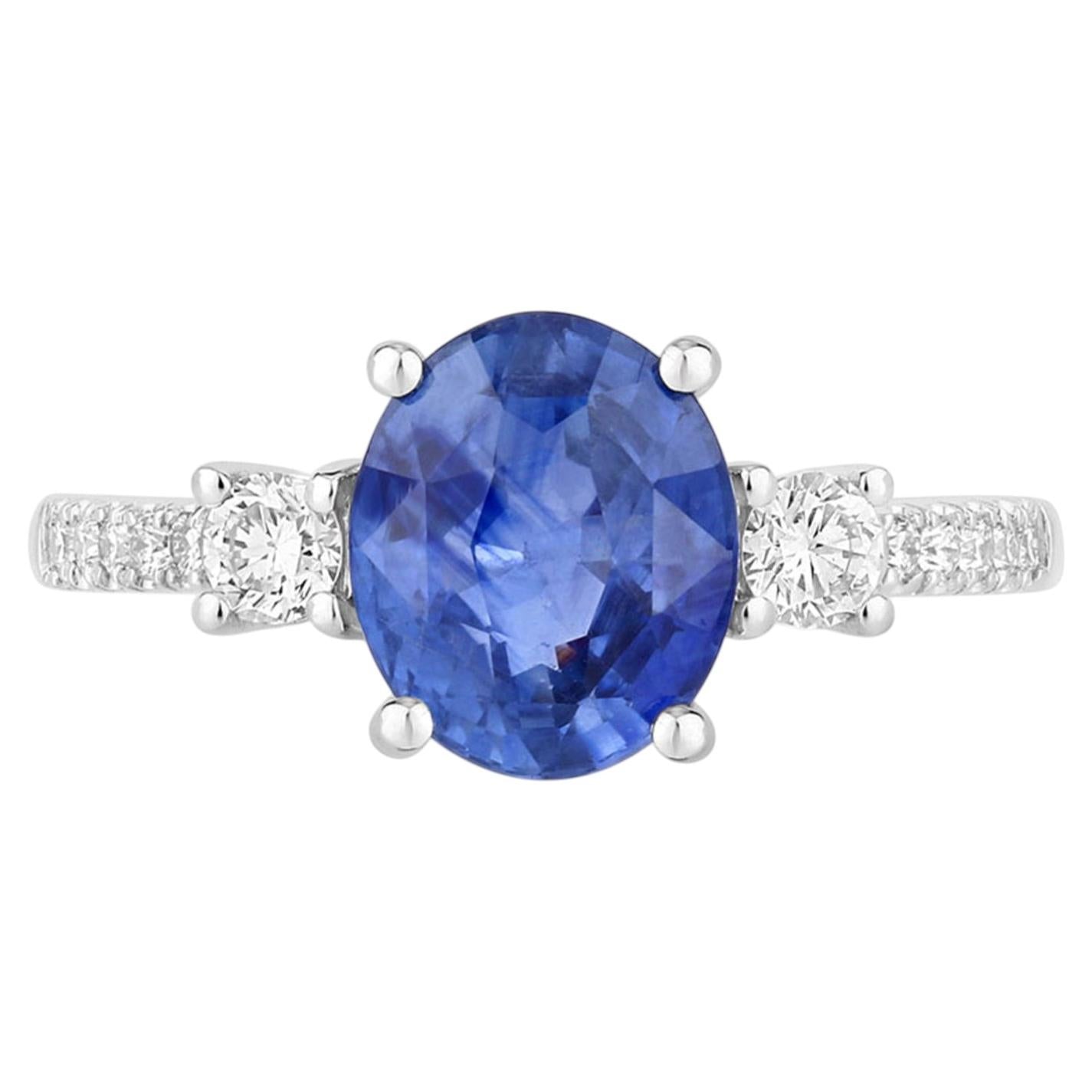 Blue Sapphire Ring With Diamonds 3.06 Carats 18K White Gold