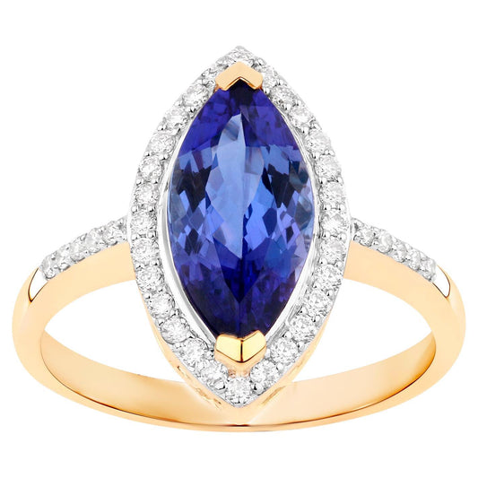 Tanzanite Cocktail Ring Diamond Halo 2.3 Carats Total 14K Gold