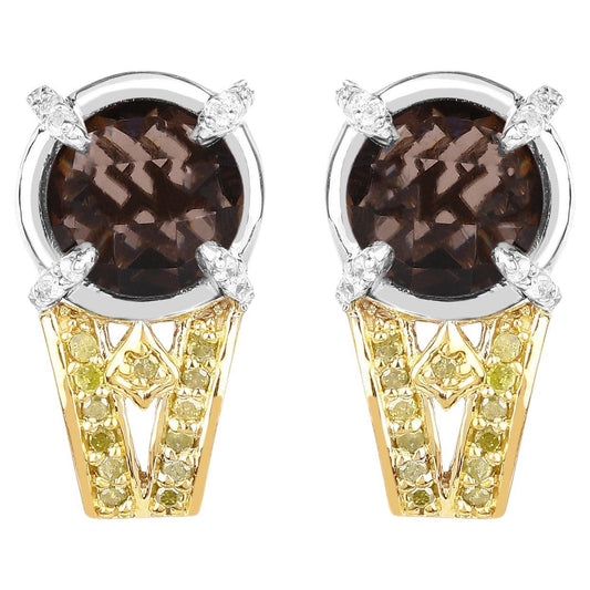 Smoky Quartz Stud Earrings Diamonds 3.7 Carats Rhodium Plated Silver