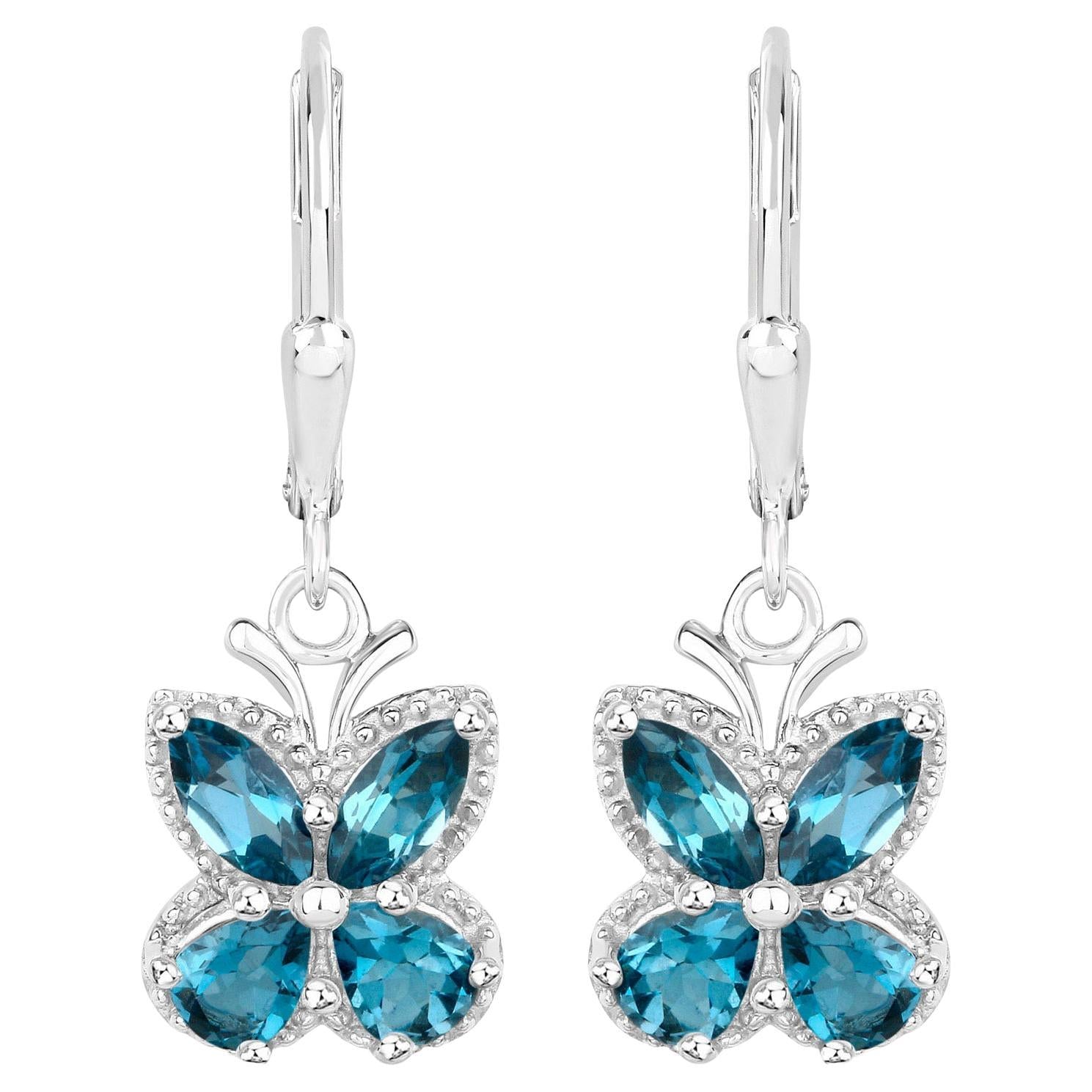 London Blue Topaz Butterfly Dangle Earrings 2.3 Carats Sterling Silver