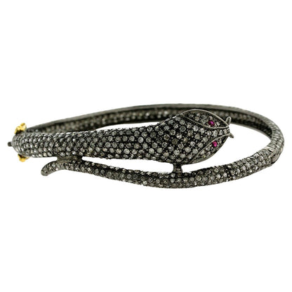 Black Diamond Pave Snake Bracelet Ruby Eyes 6.36 Carats