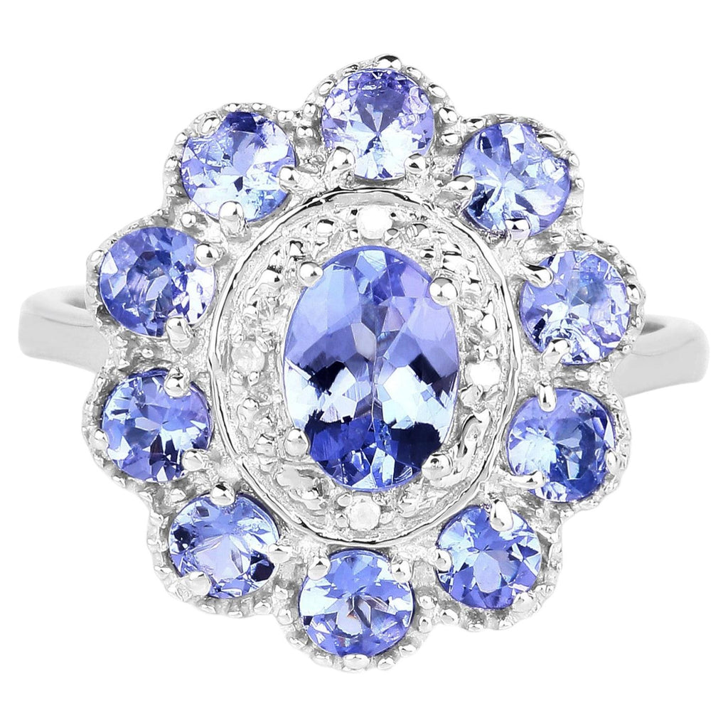 Tanzanite Flower Ring With White Topaz 1.74 Carats Sterling Silver