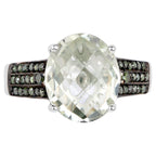 Green Amethyst Ring With Green Diamonds 4.38 Carats Sterling Silver