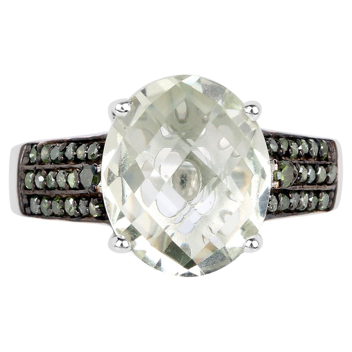 Green Amethyst Ring With Green Diamonds 4.38 Carats Sterling Silver