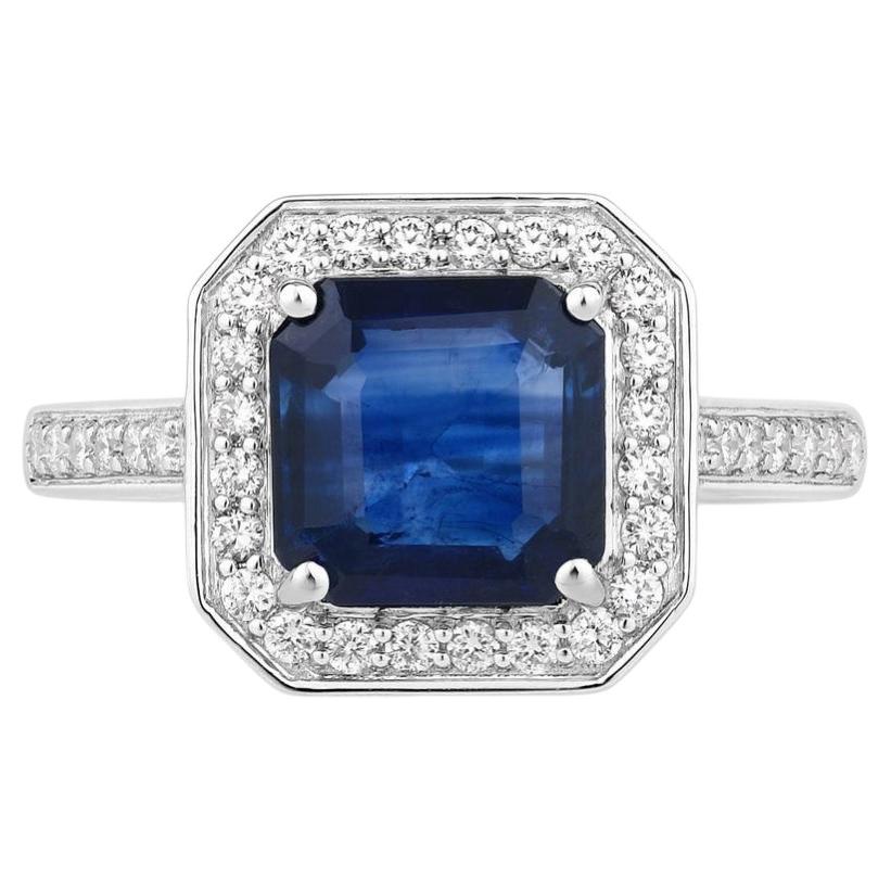 Blue Sapphire Ring With Diamonds 2.96 Carats 18K White Gold