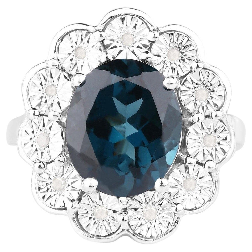 London Blue Topaz Flower Ring With Diamonds 5.08 Carats Sterling Silver