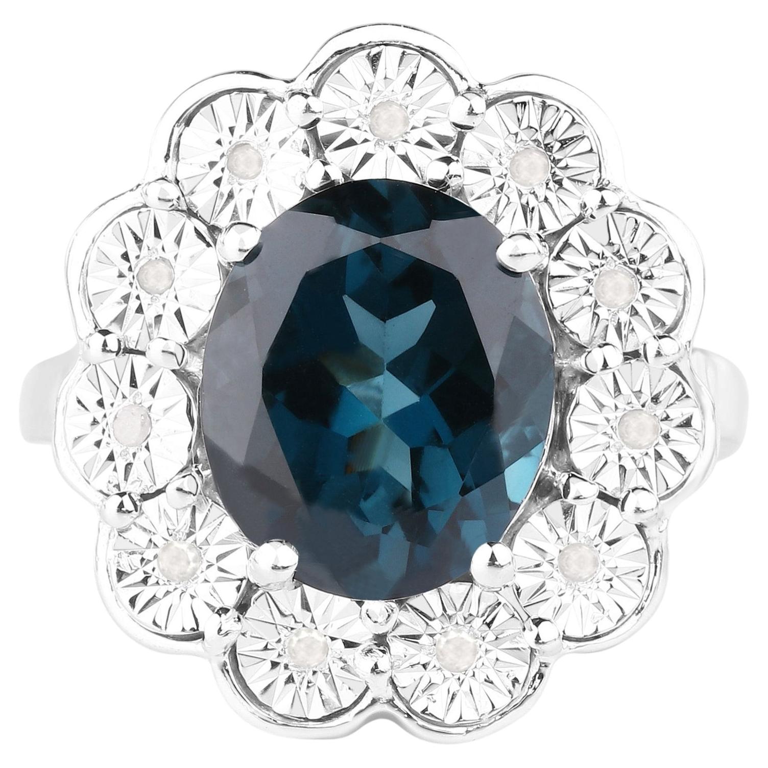London Blue Topaz Flower Ring With Diamonds 5.08 Carats Sterling Silver
