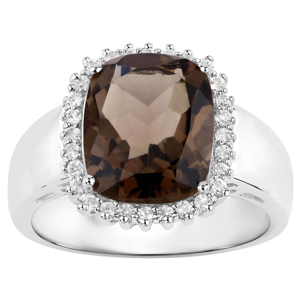 Smoky Quartz Ring With White Topaz 4.02 Carats Sterling Silver