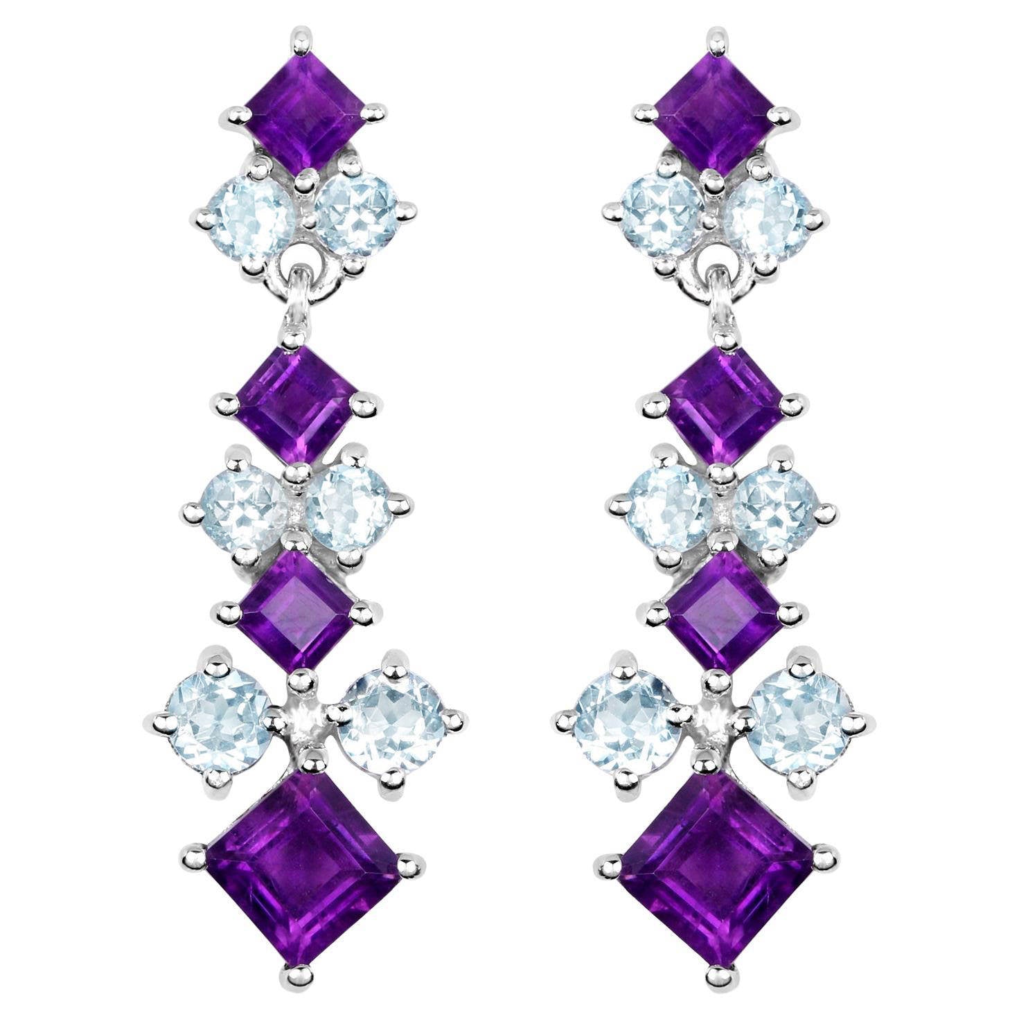 Amethyst Earrings With Blue Topaz 4.86 Carats Sterling Silver
