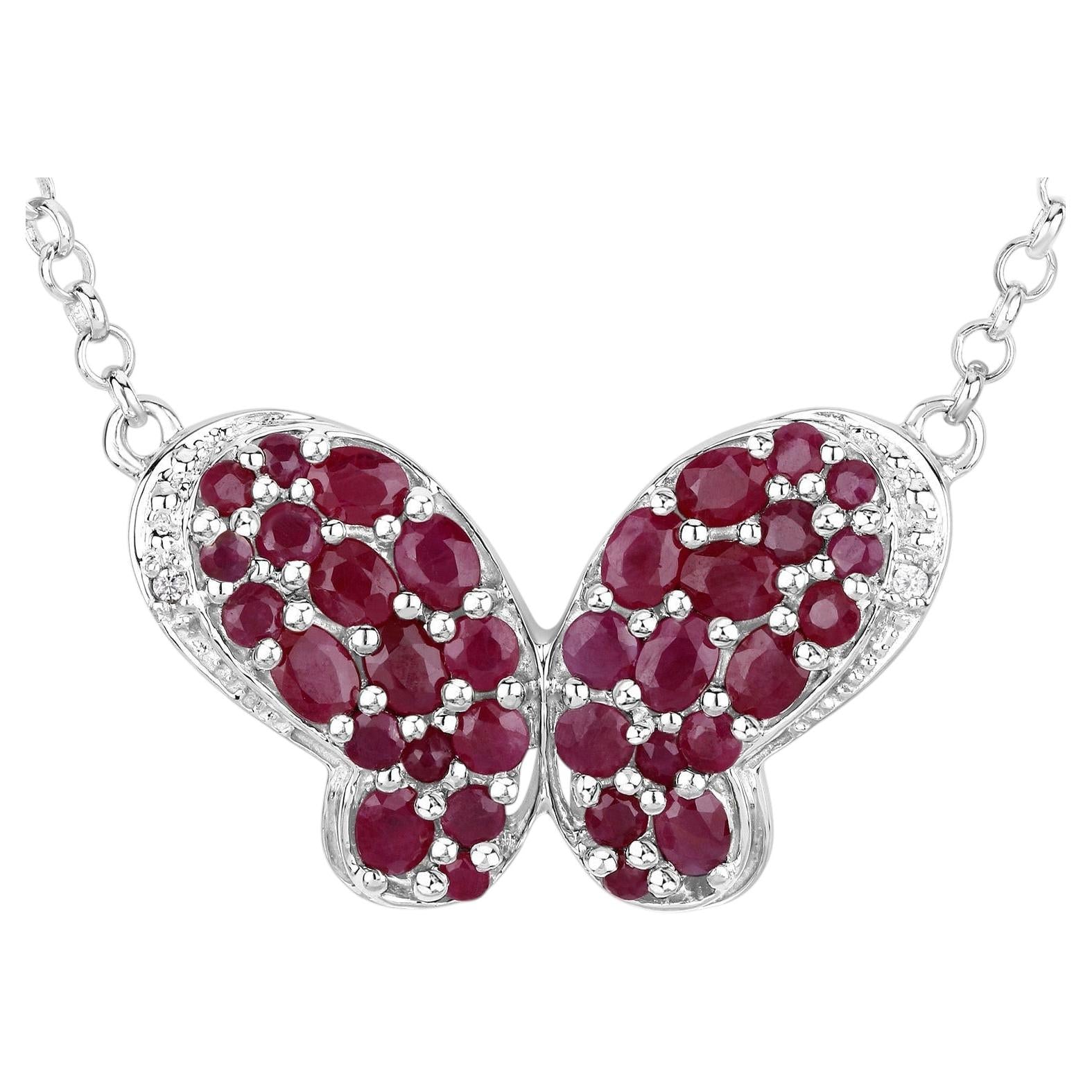 Ruby Butterfly Pendant With White Zircon 4.08 Carats Sterling Silver