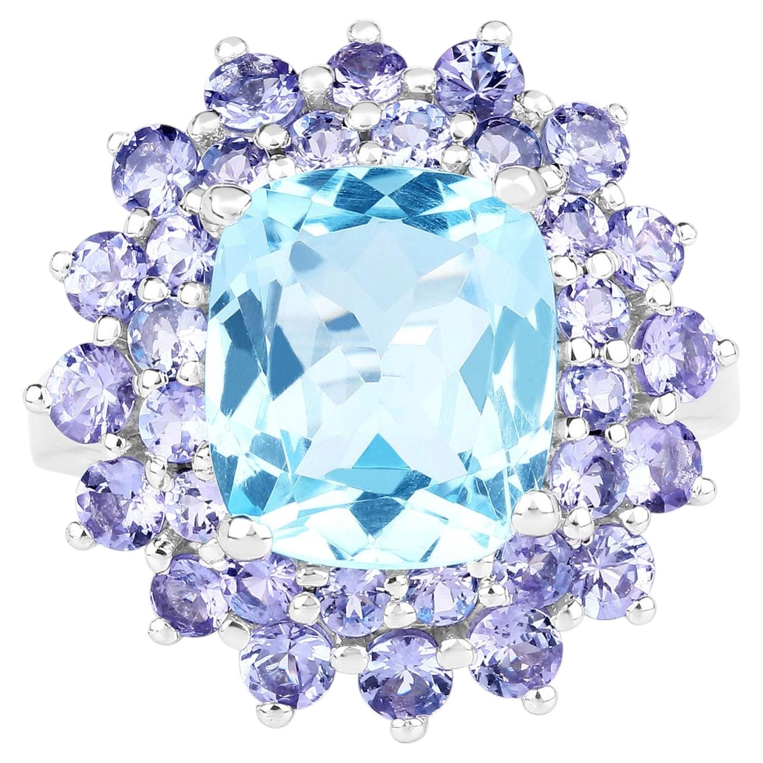 Blue Topaz Ring With Tanzanite 11.1 Carats Sterling Silver