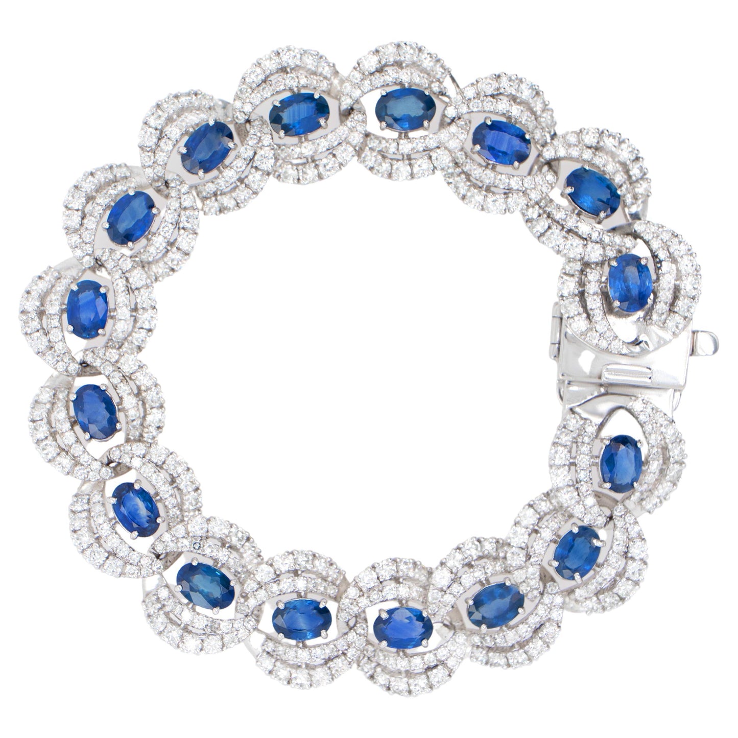 Important Blue Sapphire Link Bracelet Diamonds 10.8 Carats 18K Gold