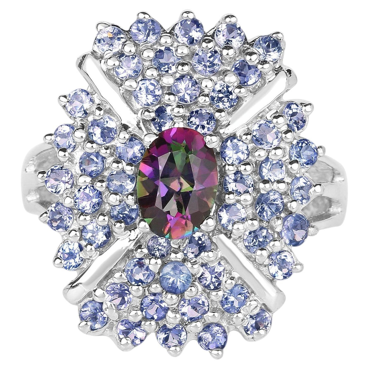 Mystic Quartz Flower Ring With Tanzanite 2.82 Carats Sterling Silver