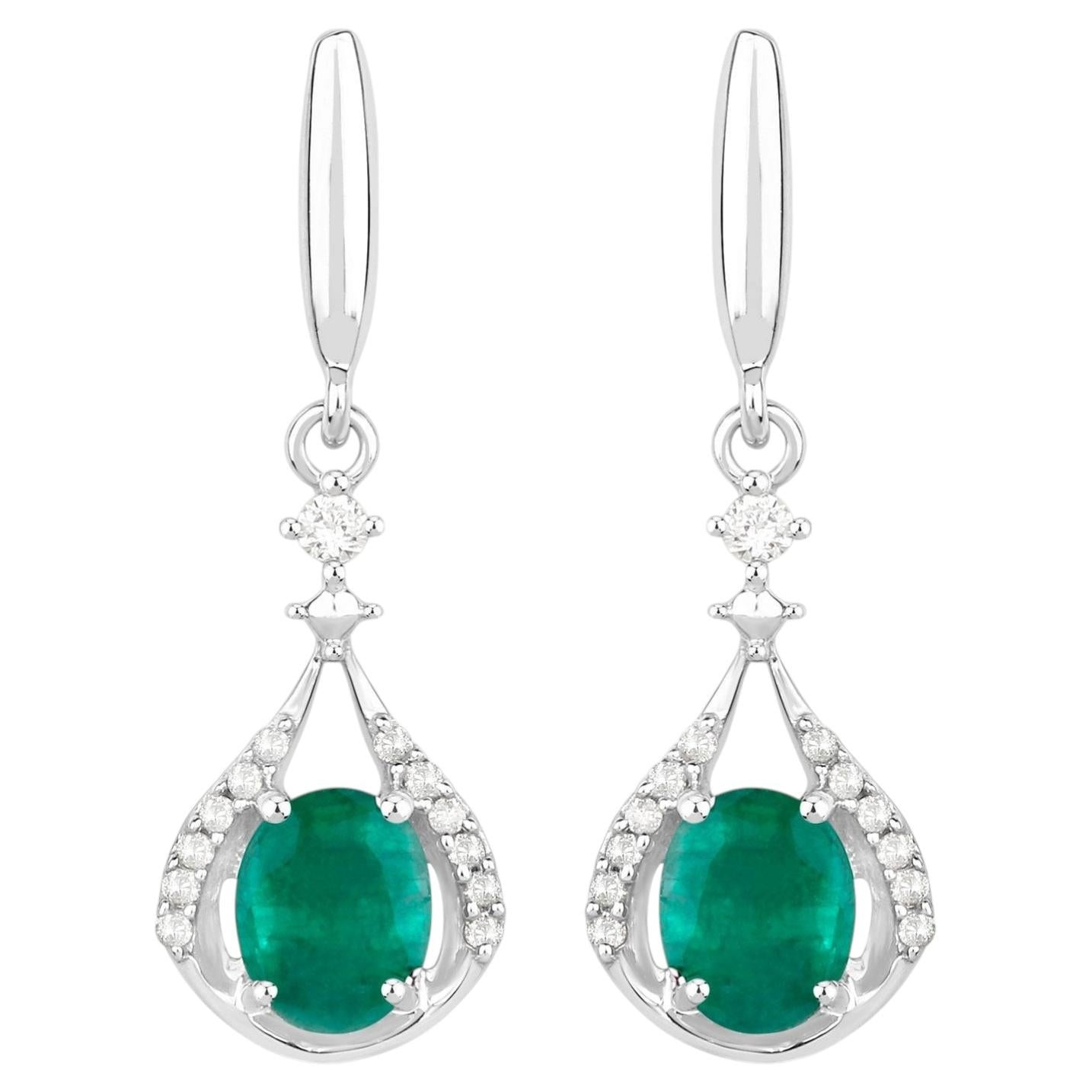 Natural Emerald Earrings With Diamonds 0.66 Carats 14K White Gold