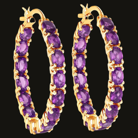 Amethyst Hoop Earrings 4.8 Carats 14K Yellow Gold Plated Silver