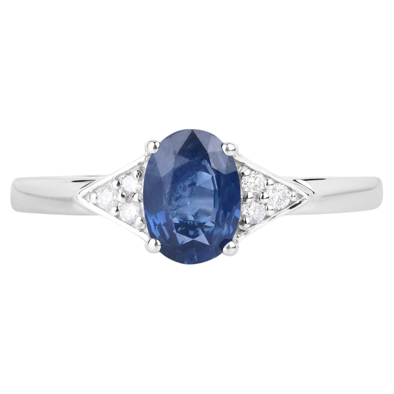 Blue Sapphire Ring With Diamonds 0.98 Carats 14K White Gold