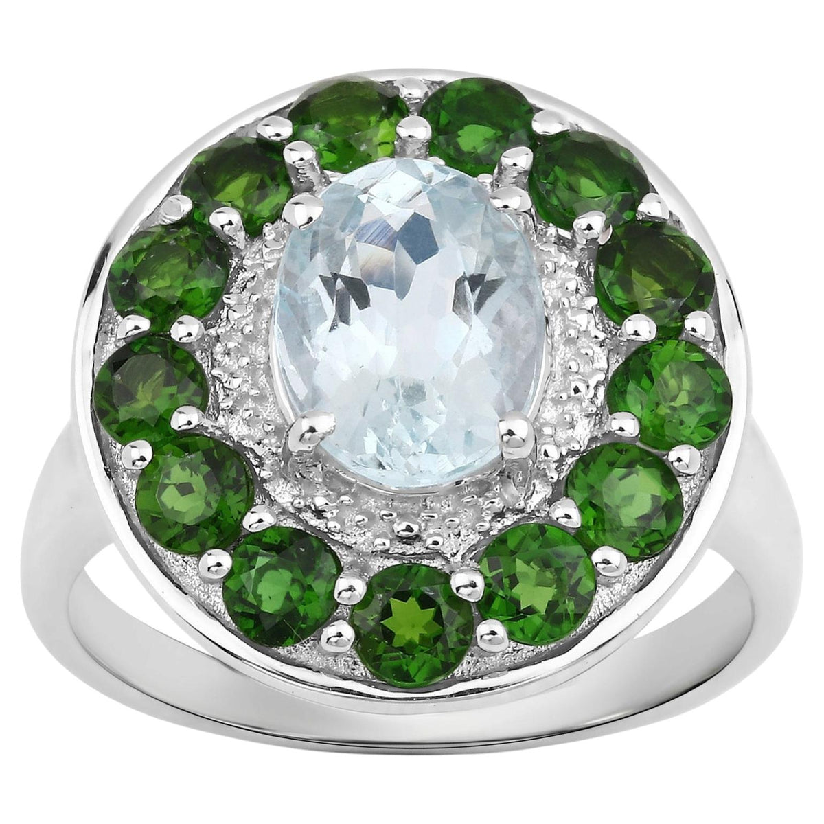 Aquamarine Ring With Chrome Diopside 2.92 Carats Sterling Silver