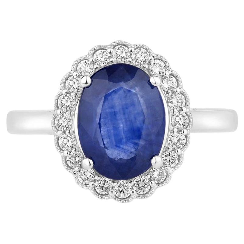 Blue Sapphire Ring With Diamonds 2.98 Carats 18K White Gold