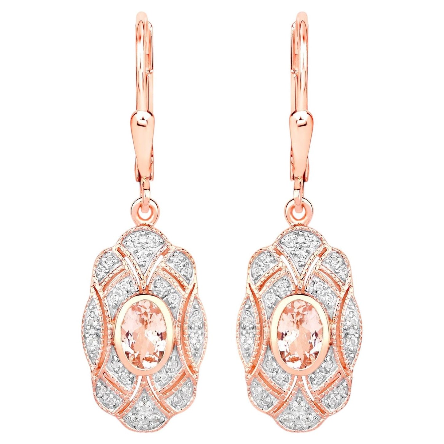 Morganite Dangle Earrings With White Topaz 1.02 Carats Gold Plated Silver