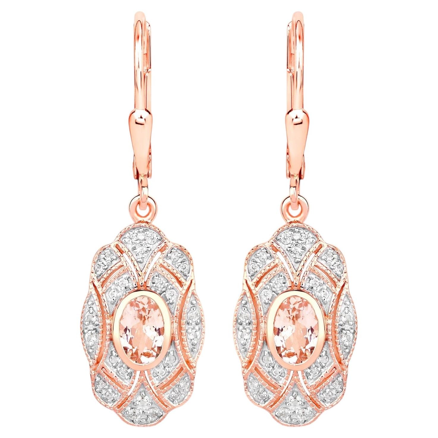 Morganite Dangle Earrings With White Topaz 1.02 Carats Gold Plated Silver