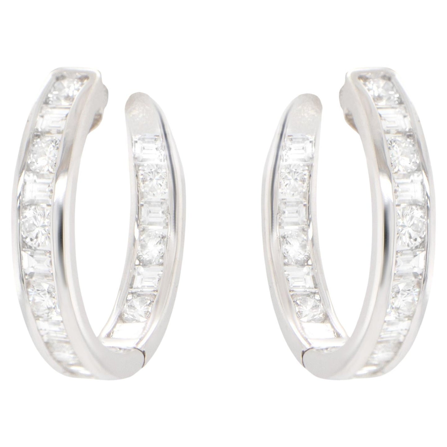 Double Diamond Hoop Earrings Baguette and Round 2.16 Carats 18K Gold