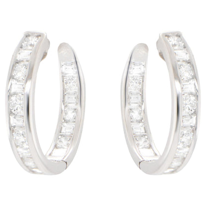 Double Diamond Hoop Earrings Baguette and Round 2.16 Carats 18K Gold