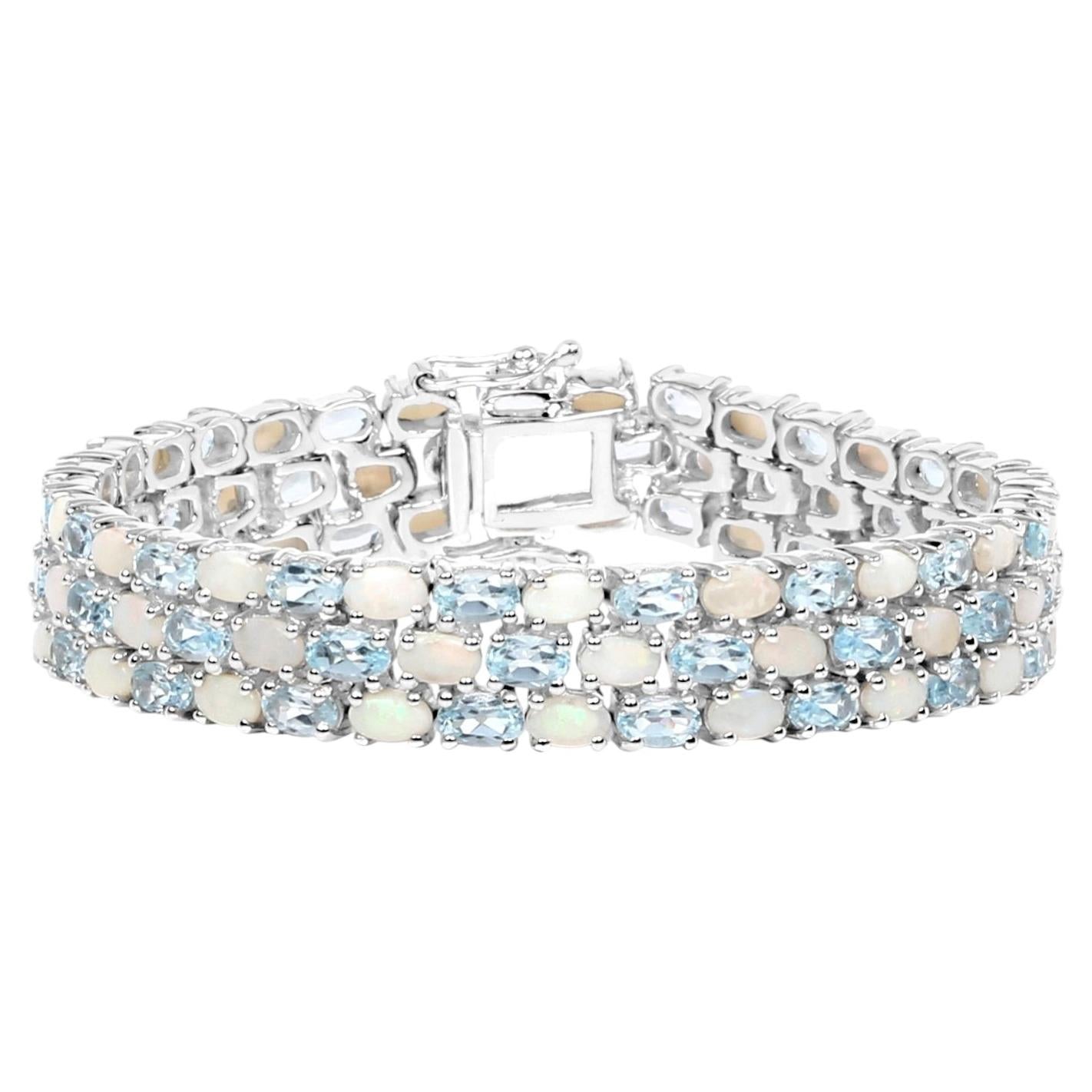 Blue Topaz Tennis Bracelet With Opal 22.2 Carats Sterling Silver