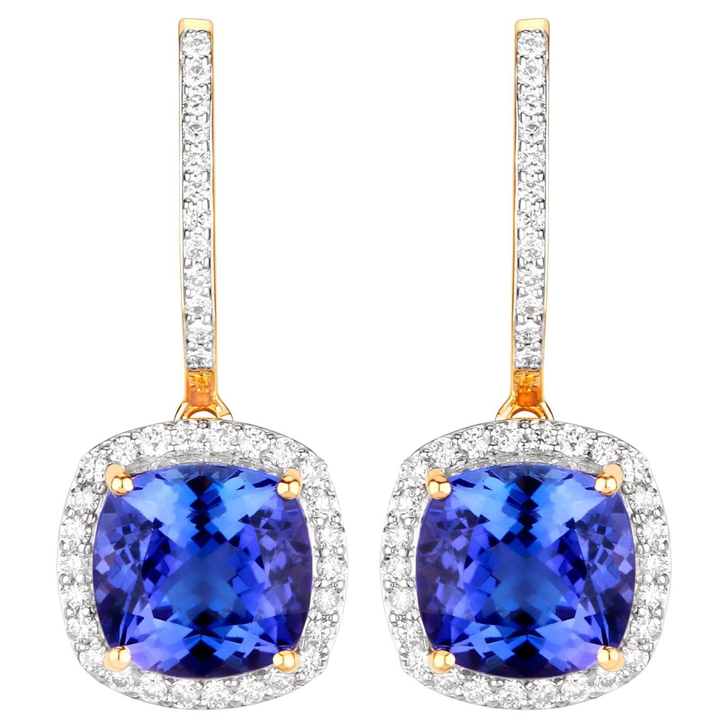 Tanzanite Dangle Earrings Diamond Setting 6.26 Carats 14K Yellow Gold