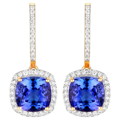 Tanzanite Dangle Earrings Diamond Setting 6.26 Carats 14K Yellow Gold